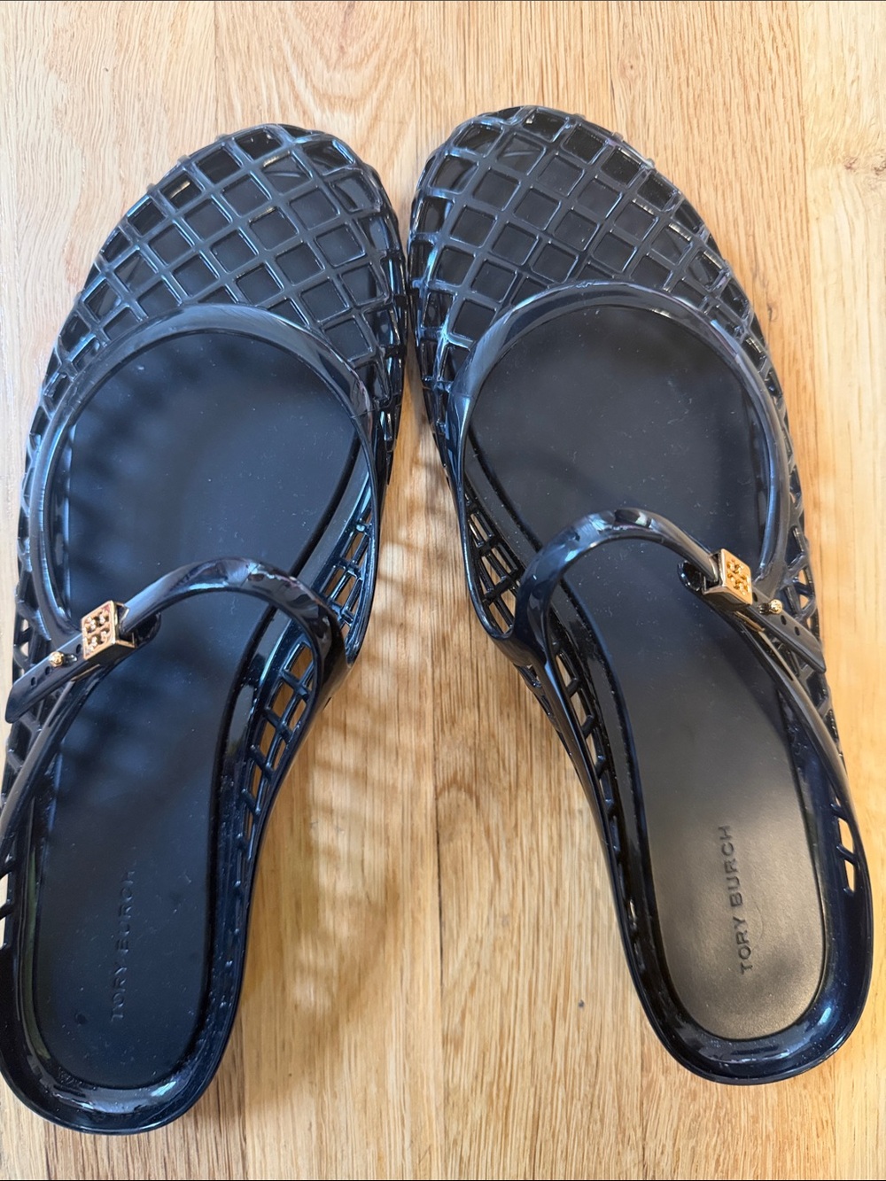 Tory Burch Black Jelly Slingback Sandals with Gold Logo Hardware
